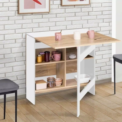 Immagine di Consolle pieghevole EDI per 2 6 persone con contenitore in legno bianco e piano faggio 150 x 80 cm IDMarket
