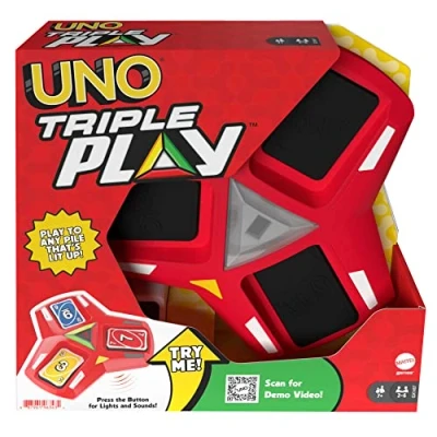 Immagine di Mattel Games UNO Triple Play Gioco di Carte con Porta Carte, Luci LED e Suoni, Giocattolo per Bambini, Ragazzi Adulti 7+Anni, HCC21
