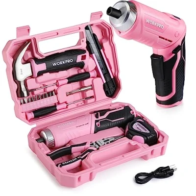 Immagine di WORKPRO Set 18 di Attrezzi Rosa con Cacciavite a Batteria da 3,7V, Cassetta Completa 10 Punte, Coltello, Martello, Precisione, Metro Nastro, Pinze Becchi Lunghi