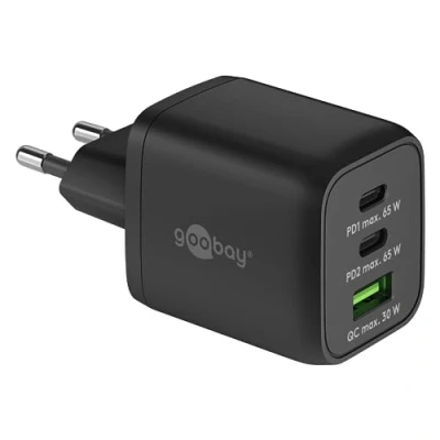 Immagine di Goobay 64753 Caricabatterie rapido multiporta USB C PD Nano (65 W) / 2 x 1 A Quick Charge/Adattatore di alimentazione per cavi ricarica iPhone e altri telefoni cellulari/Nero