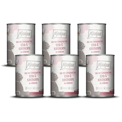 Immagine di MjAMjAM Cibo umido premium per gatti DUO di gustoso manzo e coniglio su carote, confezione da 6 (6 x 400g), senza cereali con carne extra