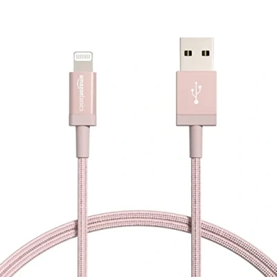 Immagine di Amazon Basics Cavo di ricarica Lightning/USB A, certificato MFi, in nylon intrecciato, per iPhone, oro rosa, 0.9 m, confezione da 2
