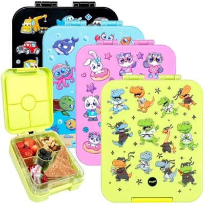 Immagine di Fringoo Bento Box Lunch A prova di perdite, capacità 650 ml, 4 scomparti, senza BPA, design verde Ninja Dinsosauro