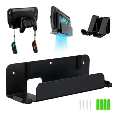 Immagine di Tolesum supporto da parete per Switch 2, compatibile con 2 Dock JoyCon e Pro Controller, in metallo robusto, poco ingombrante fori di ventilazione, nero