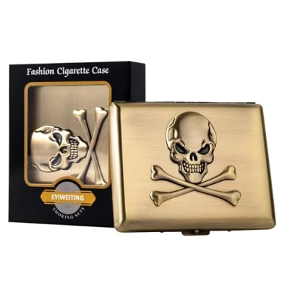 Immagine di Cassa portatile della sigaretta degli uomini del metallo teschio delle donne dell&#039;annata classica, contiene sigarette da 18 20 100mm, portafoglio carta di credito RFID (Bronzo, 20pcs 100&#039;s)