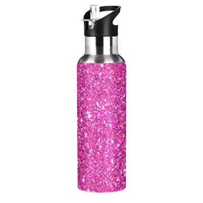 Immagine di Xigua Borraccia termica con coperchio in cannuccia, acciaio inox, a prova di perdite, glitter, colore: rosa