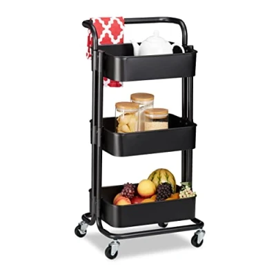 Immagine di Relaxdays Carrello da Cucina, 3 Ripiani, 2 Freni, Portaoggetti per il Bagno e l’Ufficio, HxLxP: 84 x 42 37 cm, Nero