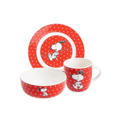 Immagine di The Peanuts Snoopy Set di 3 piatti, ciotola e tazza, colore: rosso con pois in porcellana