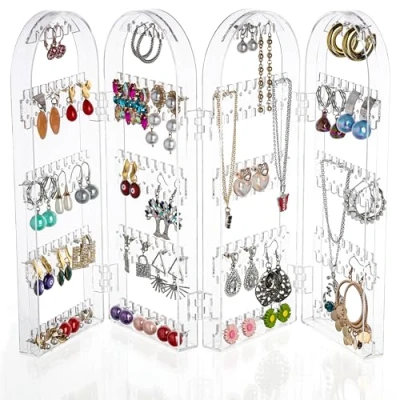 Immagine di Kurtzy Organizer Gioielli Pieghevole Acrilico Fino a 120 Paia di Orecchini 5 Livelli su 4 Pannelli Porta Anelli, Collane, e Bracciali Espositore Trasparente