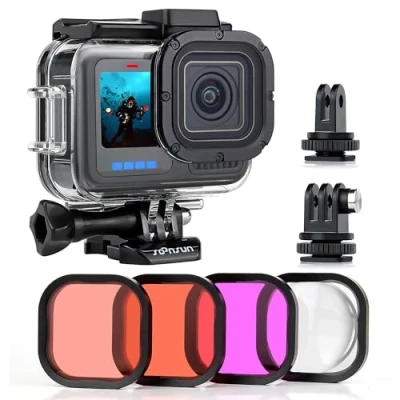 Immagine di SOONSUN custodia impermeabile per GoPro HERO 12/11/10/9 nera con confezione da 4 filtri subacquei subacquea 60 m 9 10 11 12 nero rosso, rosso chiaro, magenta, 5