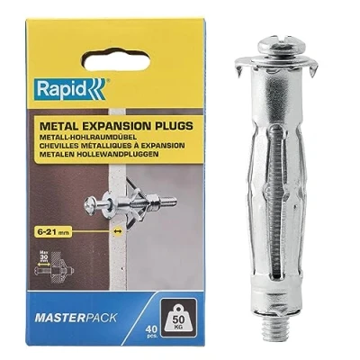 Immagine di Rapid Confezione da 40 Tasselli ad Espansione in Metallo per Pareti Cave Cartongesso e Truciolari dallo Spessore di 6 21 mm, Supportano fino un Carico 50 Kg