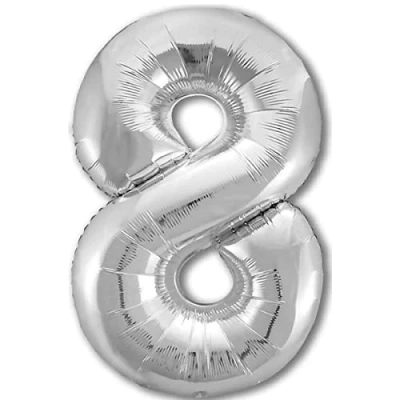Immagine di Palloncino 8 Compleanno Numero Gigante Argento, XXL di 100 cm. Decorazione Compleanno. ad Aria o Elio