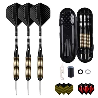 Immagine di sanfeng Freccette Professionali Punta Acciaio 27 Grammi 3 Metallo Steel Darts con Nero Aste in Alluminio 9 Voli 50 O Ring Anti Allentati 1 Dart Sharpener Tool 12 Spring Rings