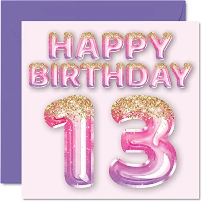 Immagine di Biglietto di auguri per il 13 compleanno ragazze, con palloncini glitterati rosa e viola, biglietti anni, figlia, sorella, nipote, cugina, 145 mm x mm,