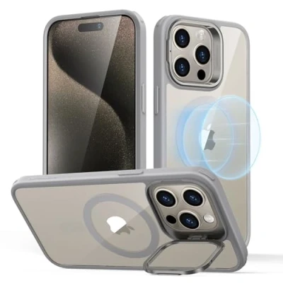 Immagine di ESR Cover per iPhone 15 Pro Max con Cavalletto Magsafe, Custodia Halolock, Protezione di Livello Militare, Supporto ad Anello la Fotocamera Integrato,Grigio Trasparente