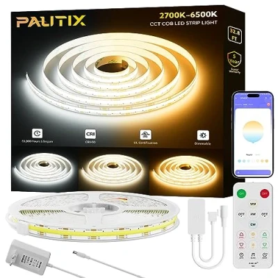 Immagine di PAUTIX COB LED Strisce bianche sintonizzabili CCT, 10M dimmerabile 2700K 6500K Kit luci a nastro 24V con alimentatore, super luminoso per cucina camera da letto Illuminazione fai te