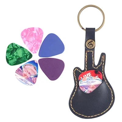 Immagine di Porta plettri in pelle con 5 a forma di chitarra, per portachiavi, accessori regali uomini e donne (colore casuale)