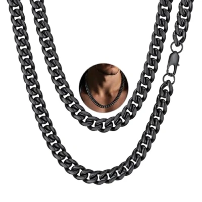 Immagine di PROSTEEL Collana Uomo a Catena Barbazzale Cubana Larga Grossa Robusta, Larghezza 10 mm, Lunghezza 60 cm, Acciaio Inossidabile, Cool Swag, Nera Nero, (con Confezione)