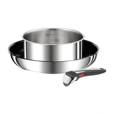 Immagine di Tefal Ingenio Preference On, pentole 3 pezzi, acciaio inossidabile, induzione, impilabile, risparmio di spazio, indicatore temperatura L9748802, rivestimento misto