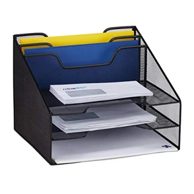 Immagine di relaxdays Portadocumenti, Portaoggetti da Scrivania con 5 Scomparti, Portalettere Formato A4, Ufficio, 24x32x29 cm, Nera, Acciaio, Nero, 1 Pz