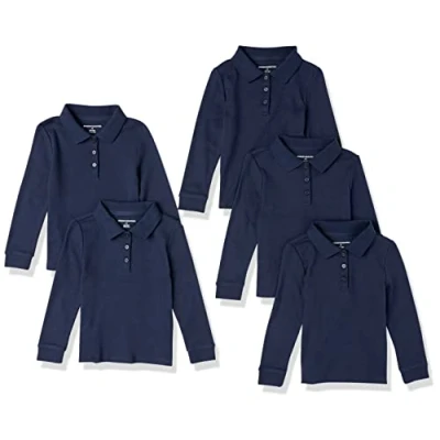 Immagine di Amazon Essentials Polo in Tessuto Interlock a Maniche Lunghe Bambine e Ragazze, Pacco da 5, Blu Marino, 2 Anni