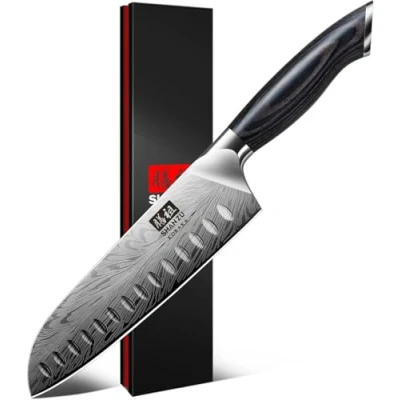 Immagine di SHAN ZU Coltelli da Cucina in Acciaio a Polvere, Coltello Giapponese Santoku 20 cm Ultra Affilati Chef Multiuso Professionale ad alto Tenore di Carbonio con Manico Ergonomica Pakkawood