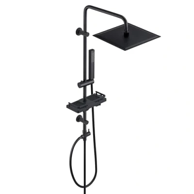 Immagine di Görbach Colonna Doccia idromassaggio Nero in Acciaio Inox Senza Miscelatore Regolabili Asta Gruppo Con Soffione e Doccetta Porta Ogetti Mensola Quadrato 25 * 25cm