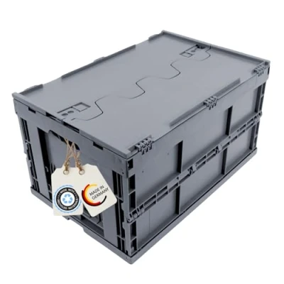 Immagine di DieKlappbox CASSETTA plastica PIEGHEVOLE CON COPERCHIO 61 L, Scatola in impilabili, Made Germany, 60x40x33cm, Fino a 60kg, Grigio