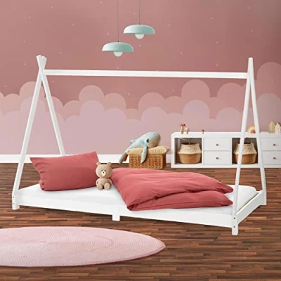 Immagine di ML Design Lettino per Bambini e Bambine Tepee con Rete Telaio a Doghe 200 x 90 cm Letto Basso Forma di Tenda Indiana Giroletto in Legno Pino Massiccio Bianco Cameretta Bimbi