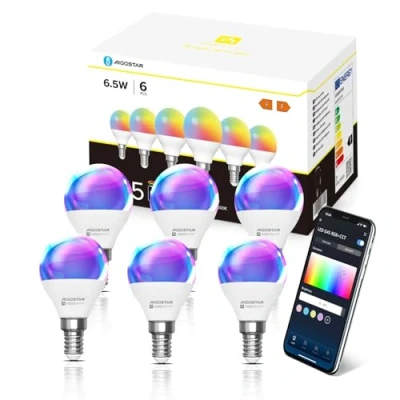 Immagine di Aigostar Lampadine Alexa, Wifi G45 E14 6.5W, Lampadina Smart RGBCW Compatibile con Alexa/Google Home, Nessun Hub Richiesto. Funzionamento a Distanza, Controllo Vocale, 6 Unità.