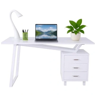 Immagine di Techly 105933 Scrivania per Computer con Tre Cassetti Bianco Opaco Effetto Legno