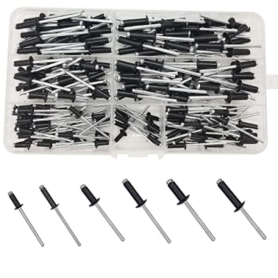 Immagine di 200 Pezzi M3.2/M4/M5 Rivetti Ciechi in Lega di Alluminio, Kit Assortimento, 6 Misure per Metallo Legno Plastica Costruzione Componenti (Nero)