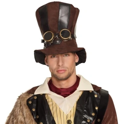 Immagine di Boland 54514 Cappello Starepunk con occhiali da aviatore, marrone, stile vittoriano, festa a tema, motto, carnevale