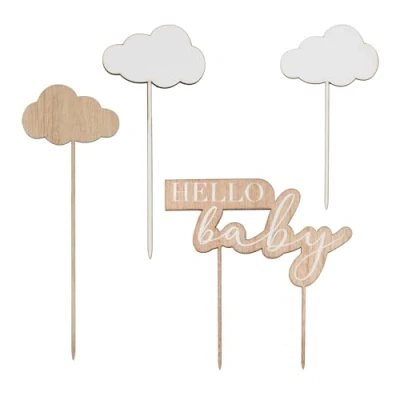 Immagine di Ginger Ray HBA 104 Cake Topper Hello Baby and Clouds Legno, Marrone, Bianco