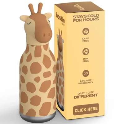Immagine di asobu Bestie Borraccia isolata in acciaio inox, con morbida testa di animale rimovibile, per bambini e ragazzi, cannuccia flessibile riutilizzabile (giraffa)