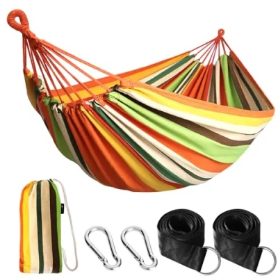Immagine di Anyoo Amaca da Giardino in Cotone Tessuto Comodo con Cinghie Rispettose degli Alberi per Appendere, Durevole Portatile Borsa Viaggio Campeggio, Esterno/Interno, Balcone, Patio