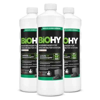 Immagine di BiOHY detergente per pavimenti robot, stazione con profumo arancione (3 x 1 litro), concentrato tutti i tipi di pulizia e robot aspirapolvere funzione bagnata, braccio