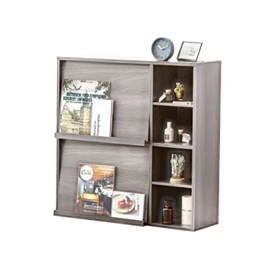 Immagine di Iris Ohyama, Mobile contenitore con 4 ripiani e 2 ante pieghevoli/Armadio in legno/Ripiano ribaltabile, Design modulare, Ufficio, Soggiorno, Biblioteca Flap Rack FR F2 Quercia grigia