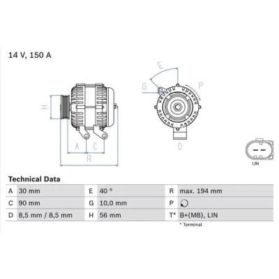 Immagine di BOSCH 0 986 082 560 Alternatore 14V 150A VOLVO: V50, V60 I, C30