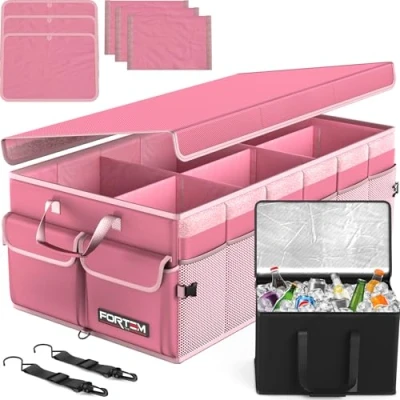 Immagine di FORTEM Organizer per Bagagliaio Auto con Frigo, Pieghevole Multi Scomparto e SUV, Fondo Antiscivolo, Cinghie Regolabili, Coperchio (Rosa, Extra Grande)