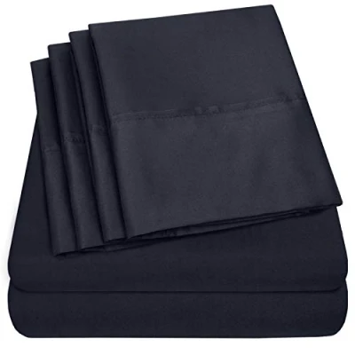 Immagine di Set di lenzuola per letto matrimoniale, 6 pezzi, collezione Supreme Collection, in microfibra spazzolata fine, con tasca profonda, 2 federe extra, ottimo rapporto qualità/prezzo, colore: blu navy