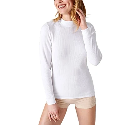 Immagine di Damart T Shirt con Collo Alto in Thermolactyl a Coste Felpate, Maniche Lunghe Maglietta, Bianco, M Donna
