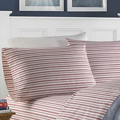 Immagine di Nautica Cotton Percale Sheet Set, Full, Coleridge Red Stripe, Queen