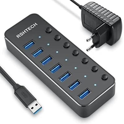 Immagine di RSHTECH Hub USB 3.0 Alimentato con Alimentazione 10W a 7 Porte in Alluminio Distributore Porta Adattatore di 5V/2A e Interruttore ON/OFF Individuale (RSH 518)