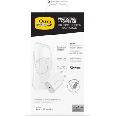 Immagine di OtterBox Bundle per iPhone 16 Pro Max Cover protettiva Symmetry Series Clear MagSafe, Pellicola in Vetro temperato Premium Glass e Caricatore murale EU 30W USB C
