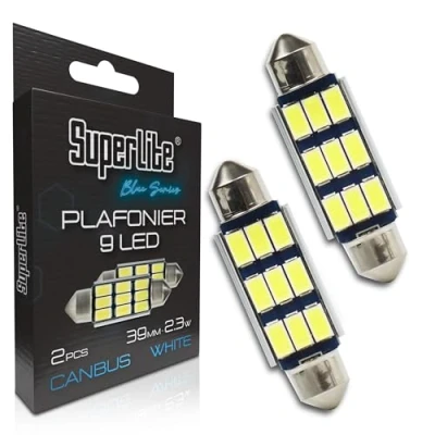 Immagine di Superlite Set di 2 lampadine da soffitto a 9 Leds, 42 mm 2,3W della gamma Blue Series. Tecnologia CanBus luce bianca. Ideale per auto e camion.