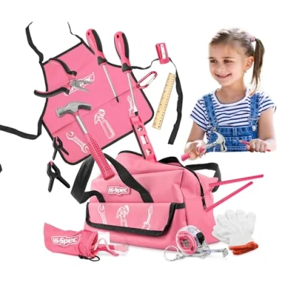 Immagine di Hi Spec Kit di Attrezzi per Bambini da 18 pezzi Con Borsa Degli Rosa, Occhiali Sicurezza, VERI Dimensione Ridotta, Martello il set
