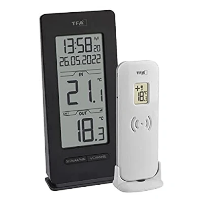 Immagine di TFA Dostmann Termometro Wireless per Interni ed Esterni 30.3072.01.90, con sensore esterno, Orologio e Data, Funzione Max Min, Senza Fili, Nero