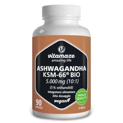 Immagine di Ashwagandha KSM 66® 5000 mg (10:1) per Capsula di Ashwaganda, 3 Mesi Fornitura Continua Alto Dosaggio, 90 Capsule Vegane, Integratore Alimentare Senza Additivi. Vitamaze®