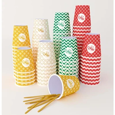 Immagine di SARA 200 Pz,7 OZ Bicchierini di Carta Multicolor per Caffè con Palettine in Legno,Ecologici e Usa Getta,Resistenti al Calore,Ideali Caffè,Tè,ecc.